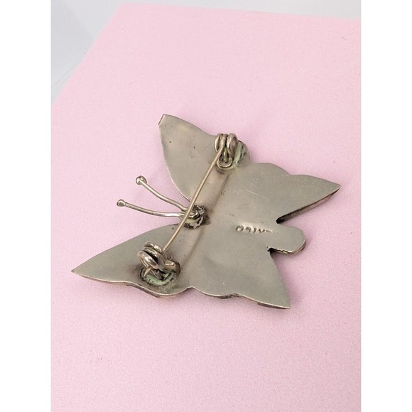 VTG Mexico Butterfly Brooch Iridescent Abalone Silver Tone Whimsy Fairy - Picture 7 of 10